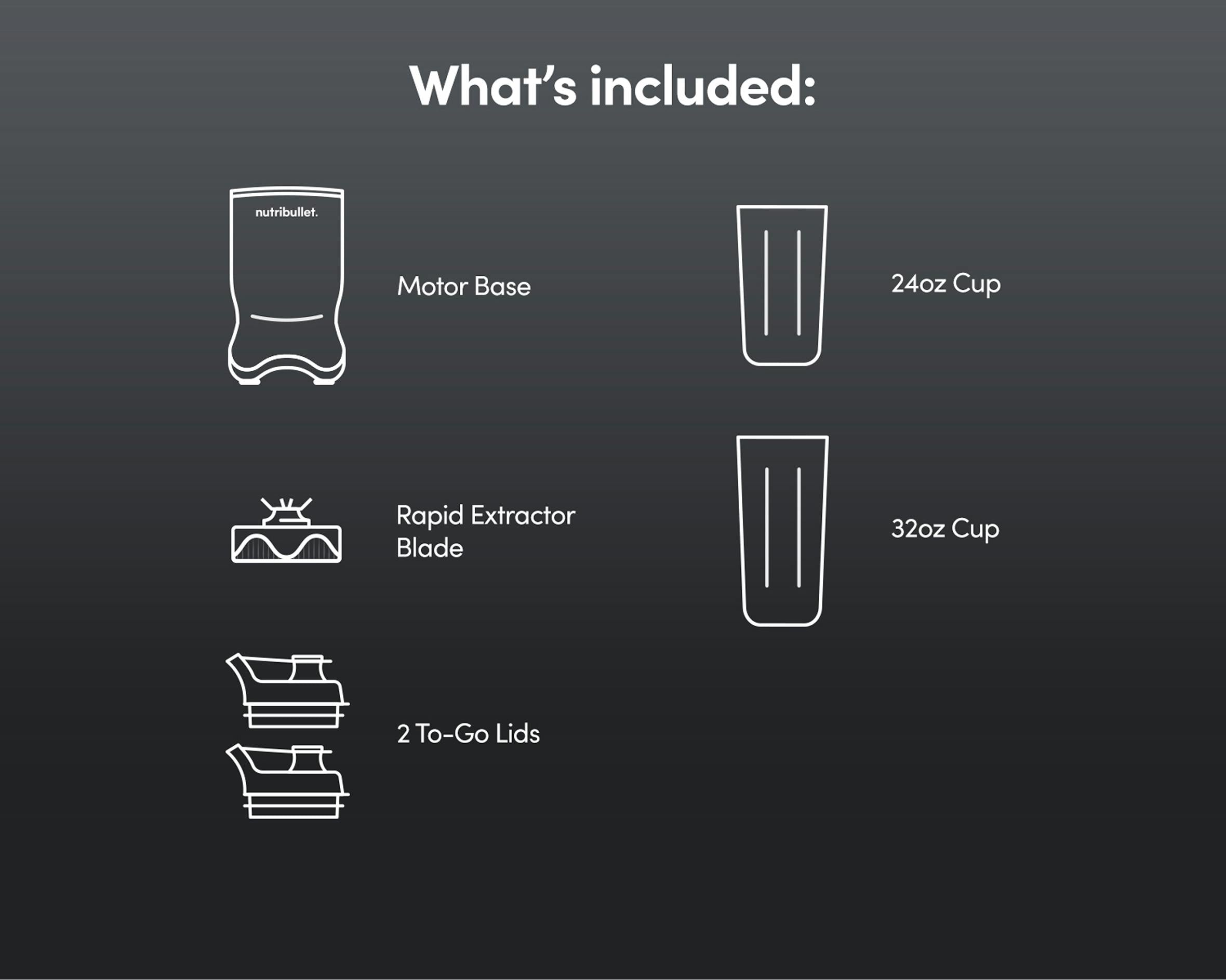 Text reading "What's included" at the top with five illustrated blender features and brief descriptions against a gray background.