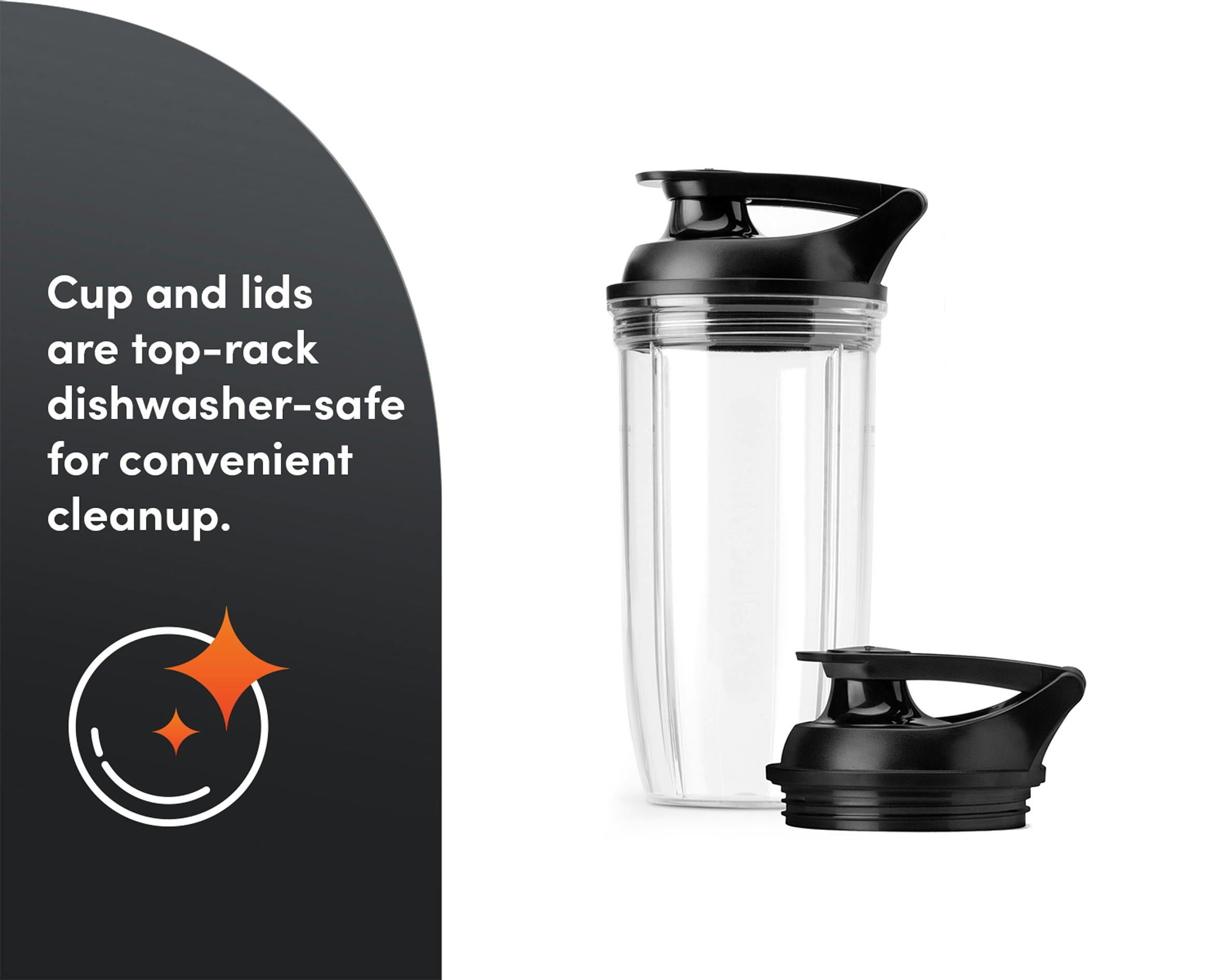 A plastic cup and lid on a white background. A gray panel on the left references easy cleaning in the dishwasher with a corresponding icon below.