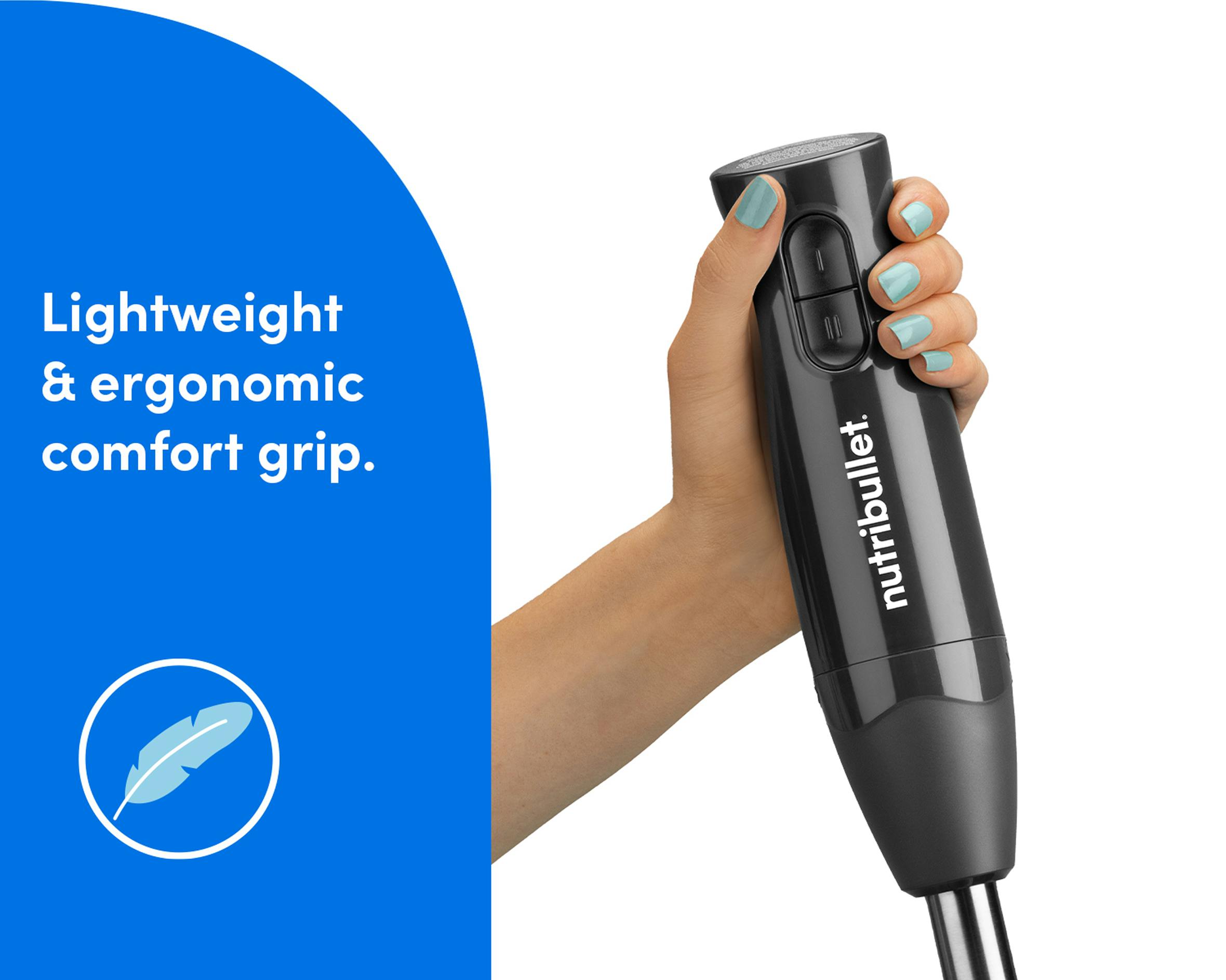 A person gripping the nutribullet Lite blender handle to showcase its lightweight and ergonomic comfort design.