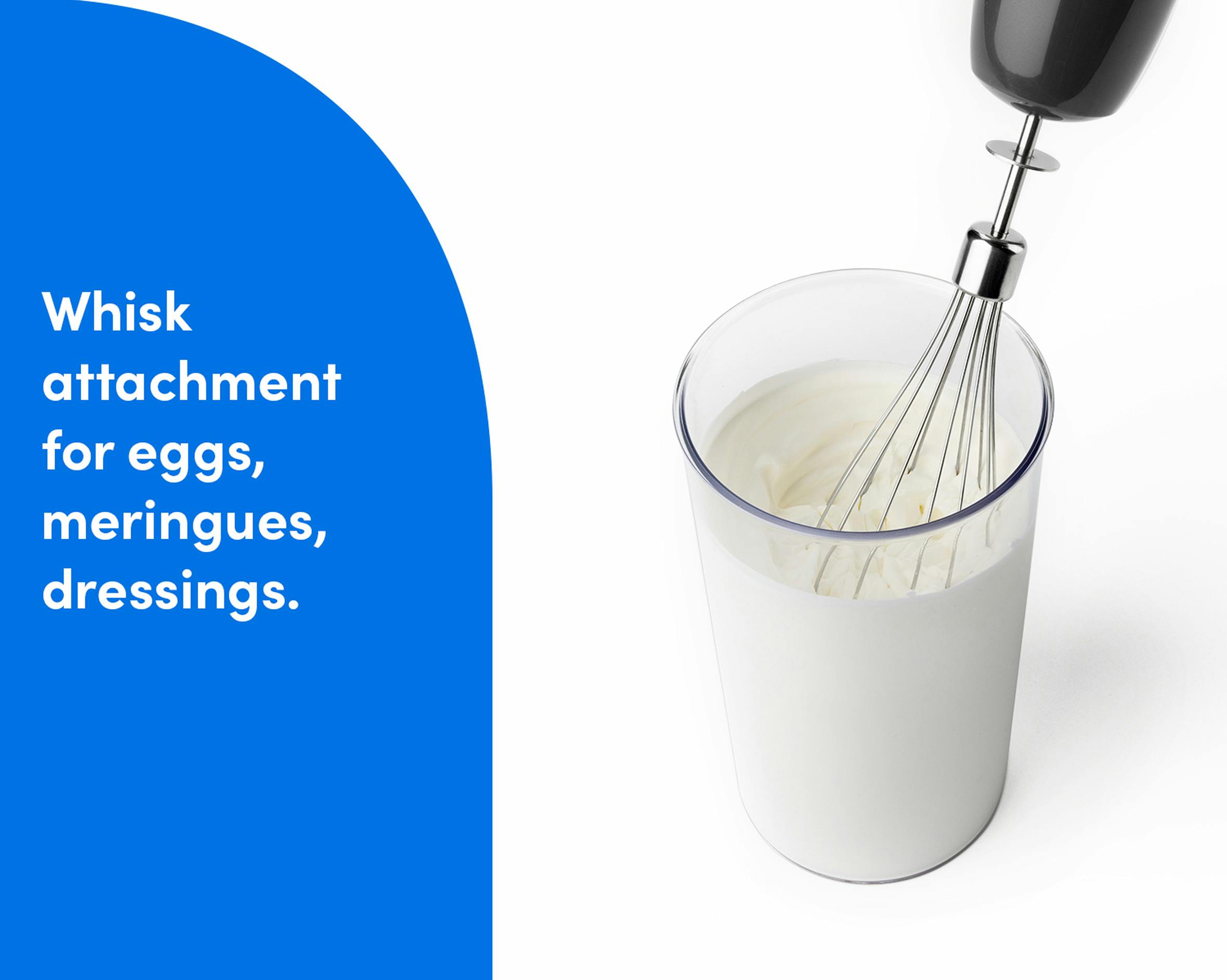 The nutribullet Lite whisk attachment mixing a glass of milk or cream, ideal for whipping eggs, meringues, and dressings.