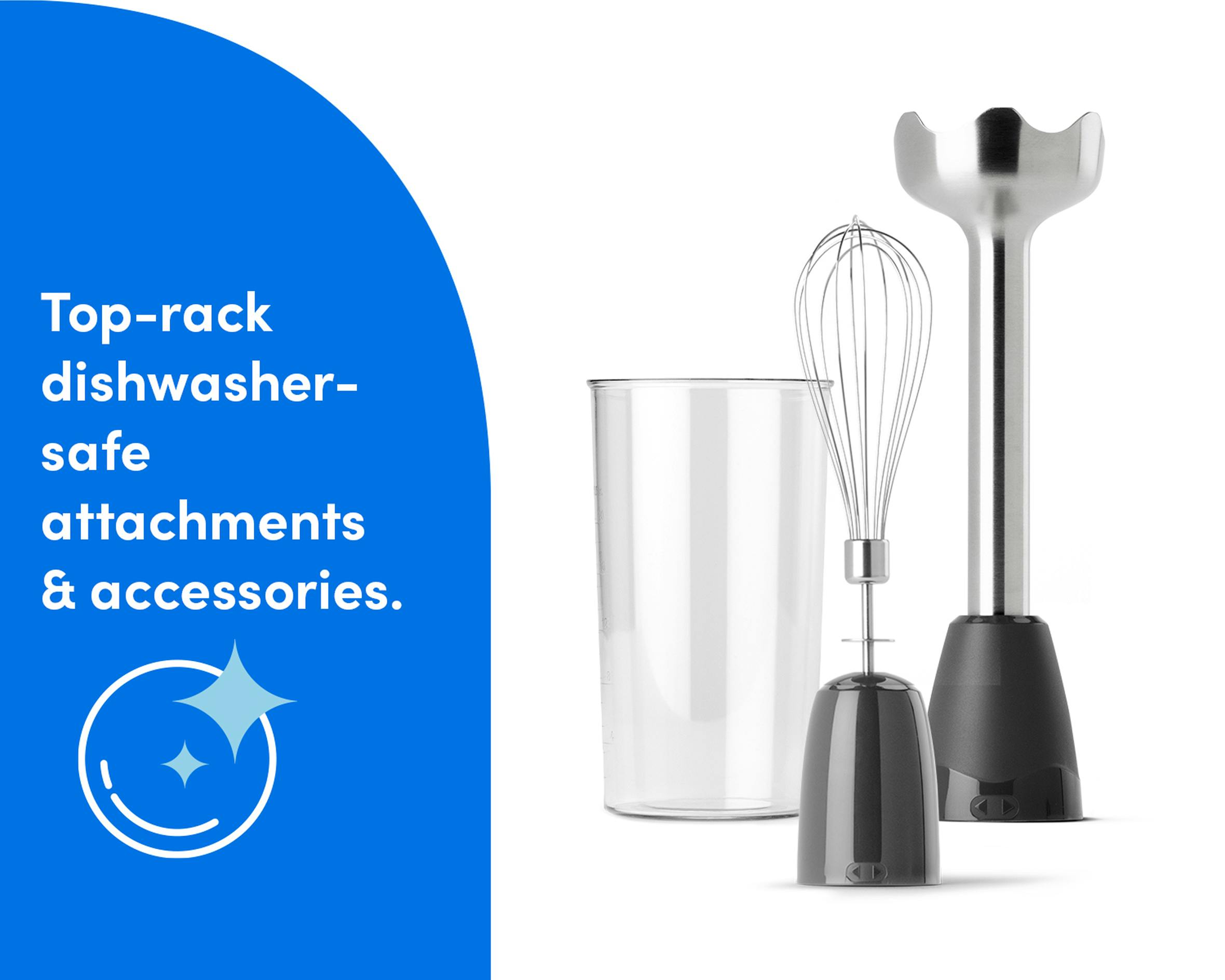 The nutribullet Lite immersion blender components arranged neatly, emphasizing that the attachments and accessories are top-rack dishwasher safe.