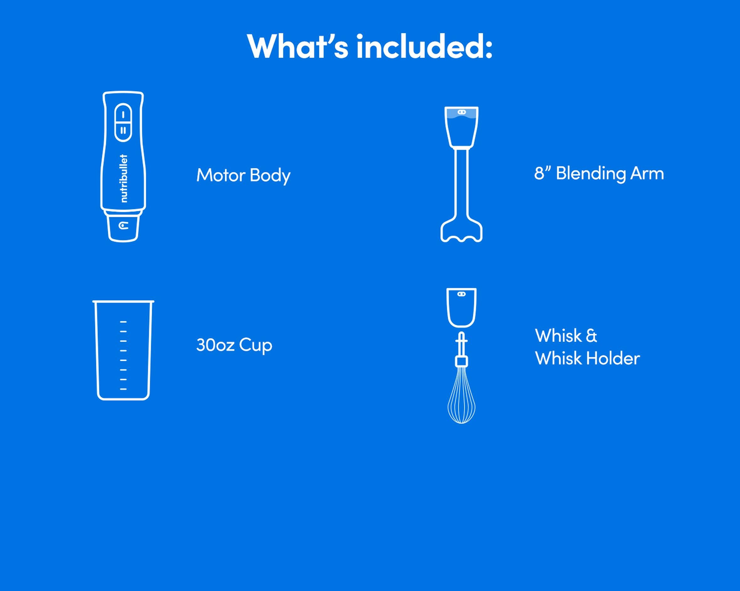 A diagram listing included parts: motor body, 8-inch blending arm, 30-ounce cup, and whisk with holder.