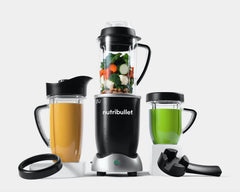 NutriBullet Rx with 30oz short cup, SouperBlast Pitcher with vented lid, 45oz oversized cup with pitcher lid on grey background
