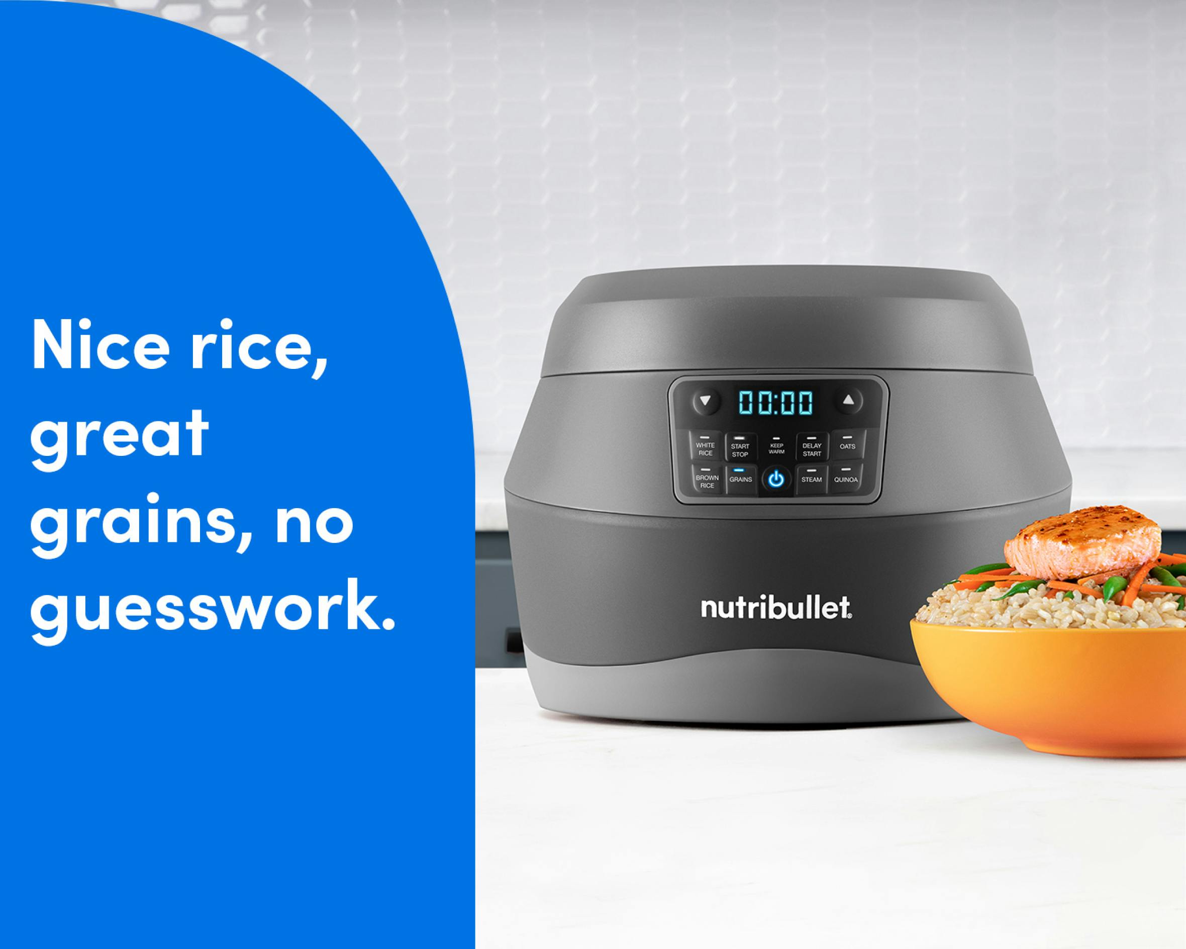 The nutribullet EveryGrain Cooker is showcased with its digital display and control panel, accompanied by a bowl of grains and vegetables topped with salmon, highlighting its ease of use for perfect grains.