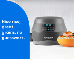 The nutribullet EveryGrain Cooker is showcased with its digital display and control panel, accompanied by a bowl of grains and vegetables topped with salmon, highlighting its ease of use for perfect grains.