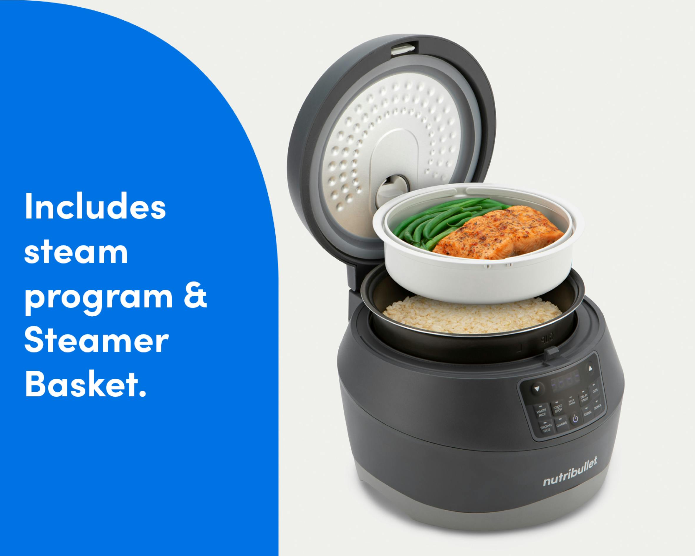 The nutribullet EveryGrain Cooker opened with a meal placed on top, with the text "Includes a steam program & steamer basket."