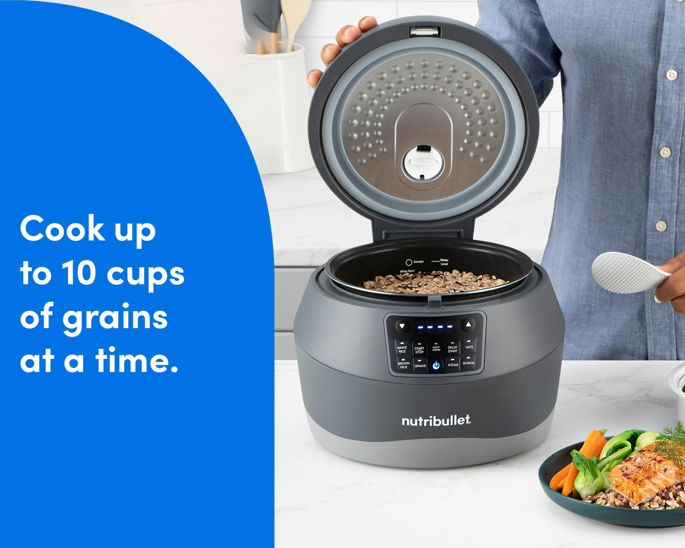 A person opening the nutribullet EveryGrain Cooker, with the text "Cook up to 10 cups of grains at a time."