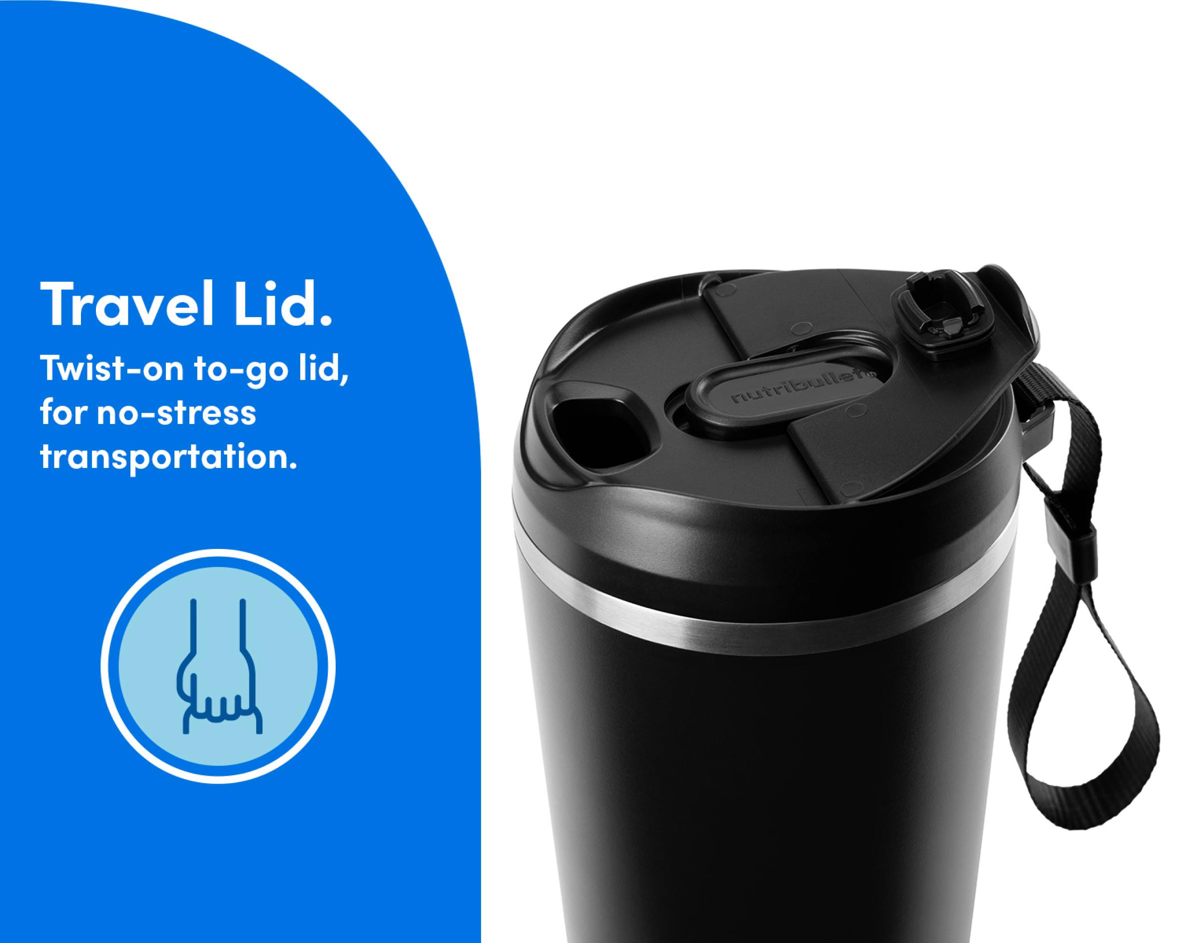 Closeup image of the to-go lid with carry strap attached to the black insulated tumbler. Travel lid. Twist-on to-go lid, for no-stress transportation.