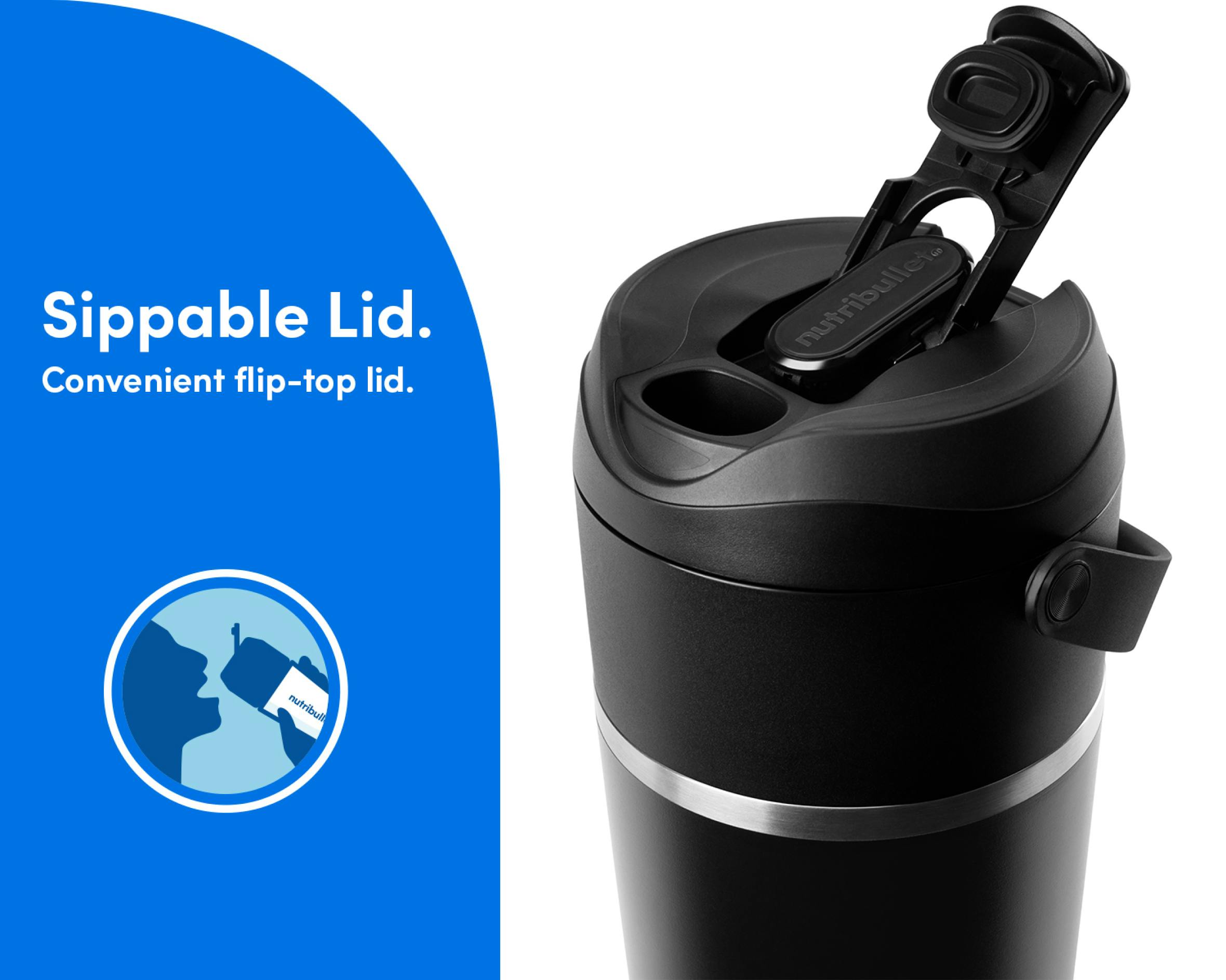 Zoomed-in image of the sip-through blade with the flip-top lid open to reveal the sipping spout. It is attached to the black insulated tumbler. Sippable lid. Convenient flip-top lid.