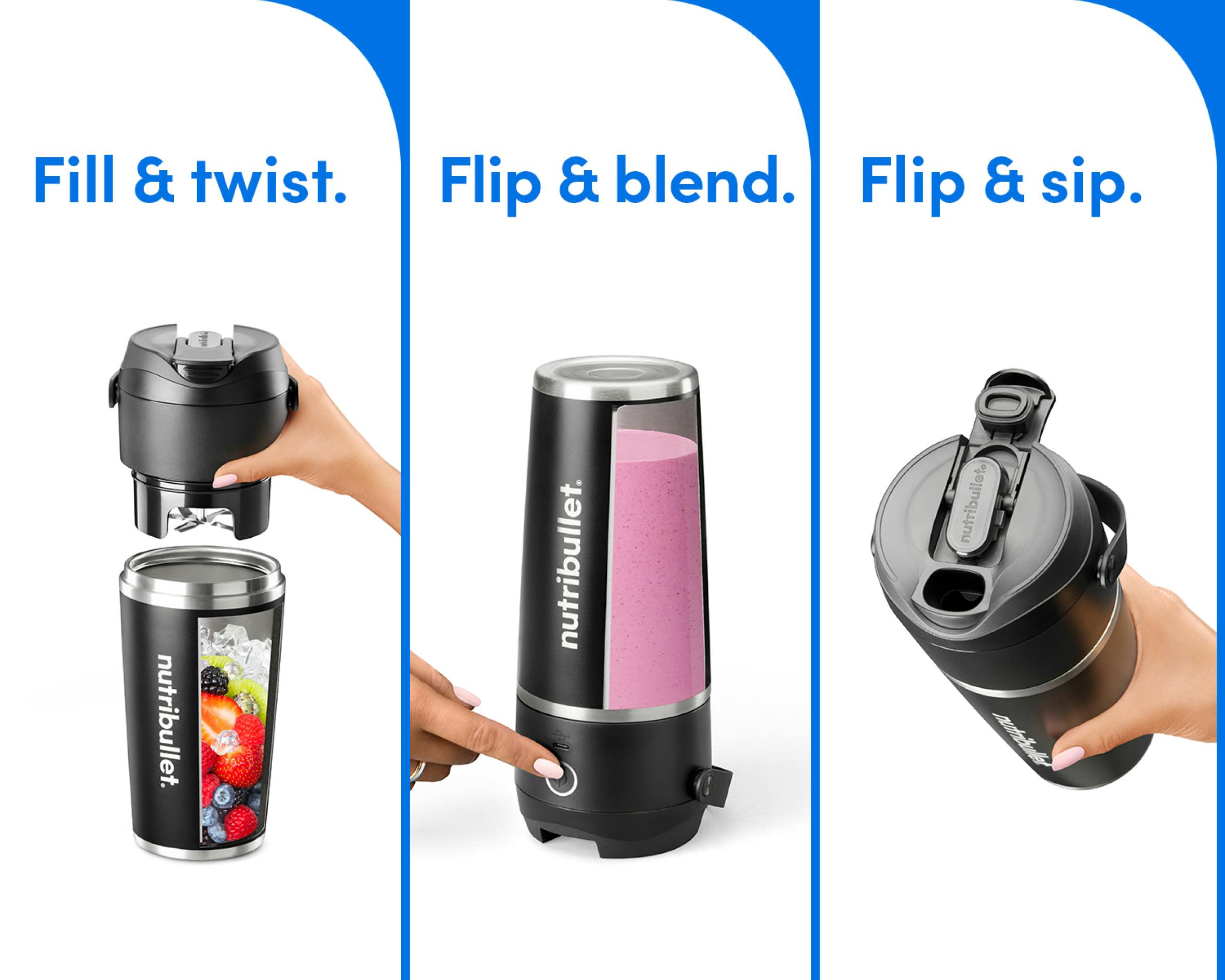 Images of the black nutribullet Flip with the steps to use. Fill & twist, flip & blend, flip & sip.