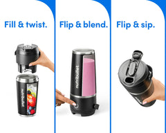 Images of the black nutribullet Flip with the steps to use. Fill & twist, flip & blend, flip & sip.
