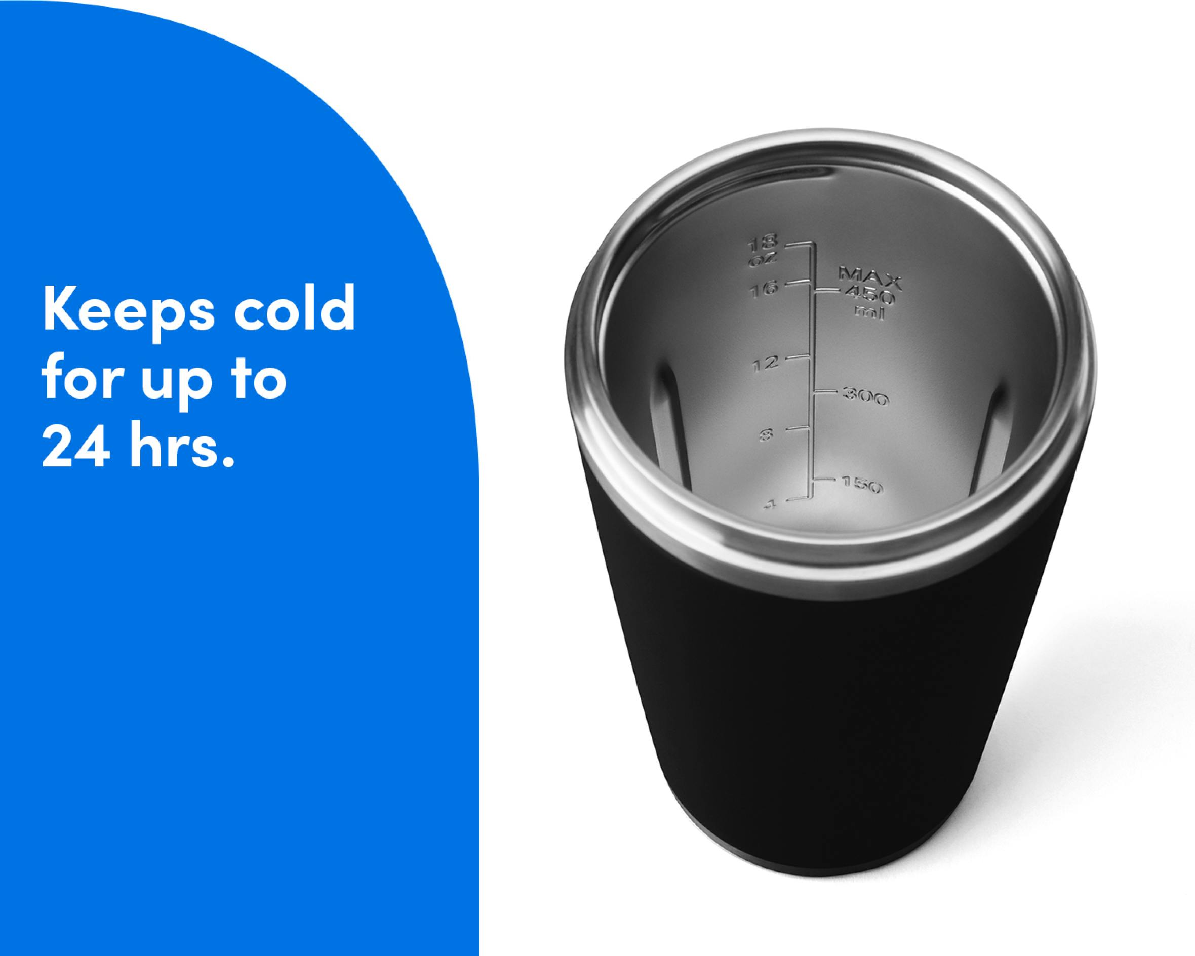 Overhead view of the black insulated tumbler with measuring units visible on the tumbler's interior. Keeps cold for up to 24 hrs.
