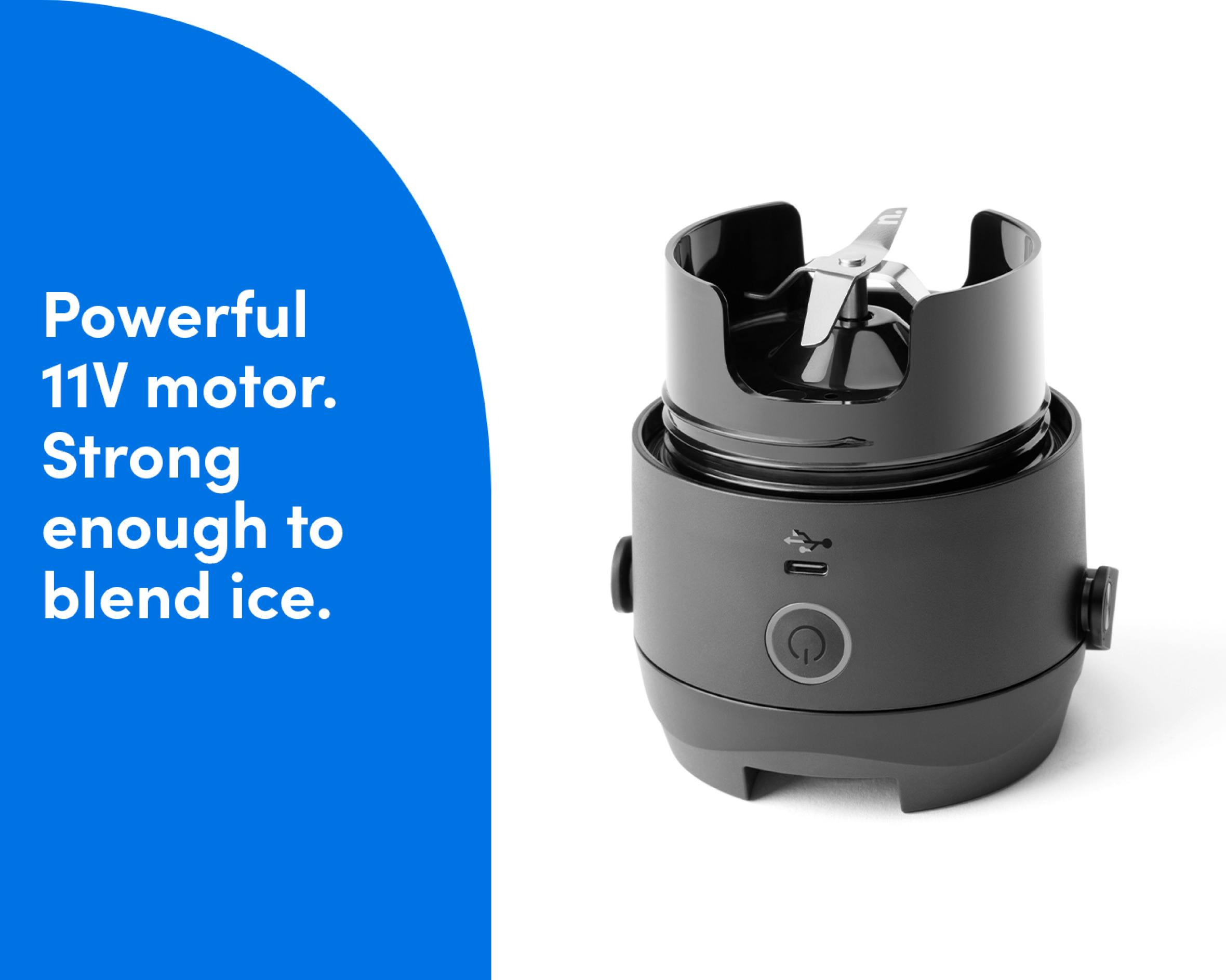 Closeup image of the black nutribullet Flip attached blades. Powerful 11V motor. Strong enough to blend ice.