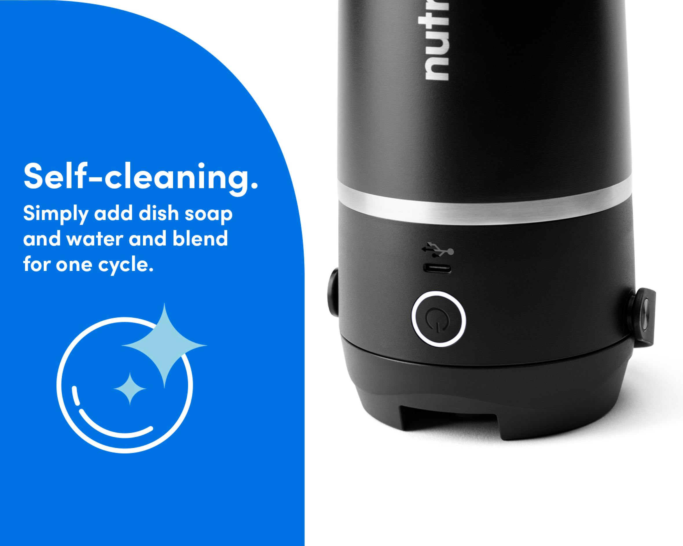 Zoomed-in image of the black nutribullet Flip resting with the blade on the bottom with the blending button illuminated. Self-cleaning, simply add dish soap and water and blend for one cycle.
