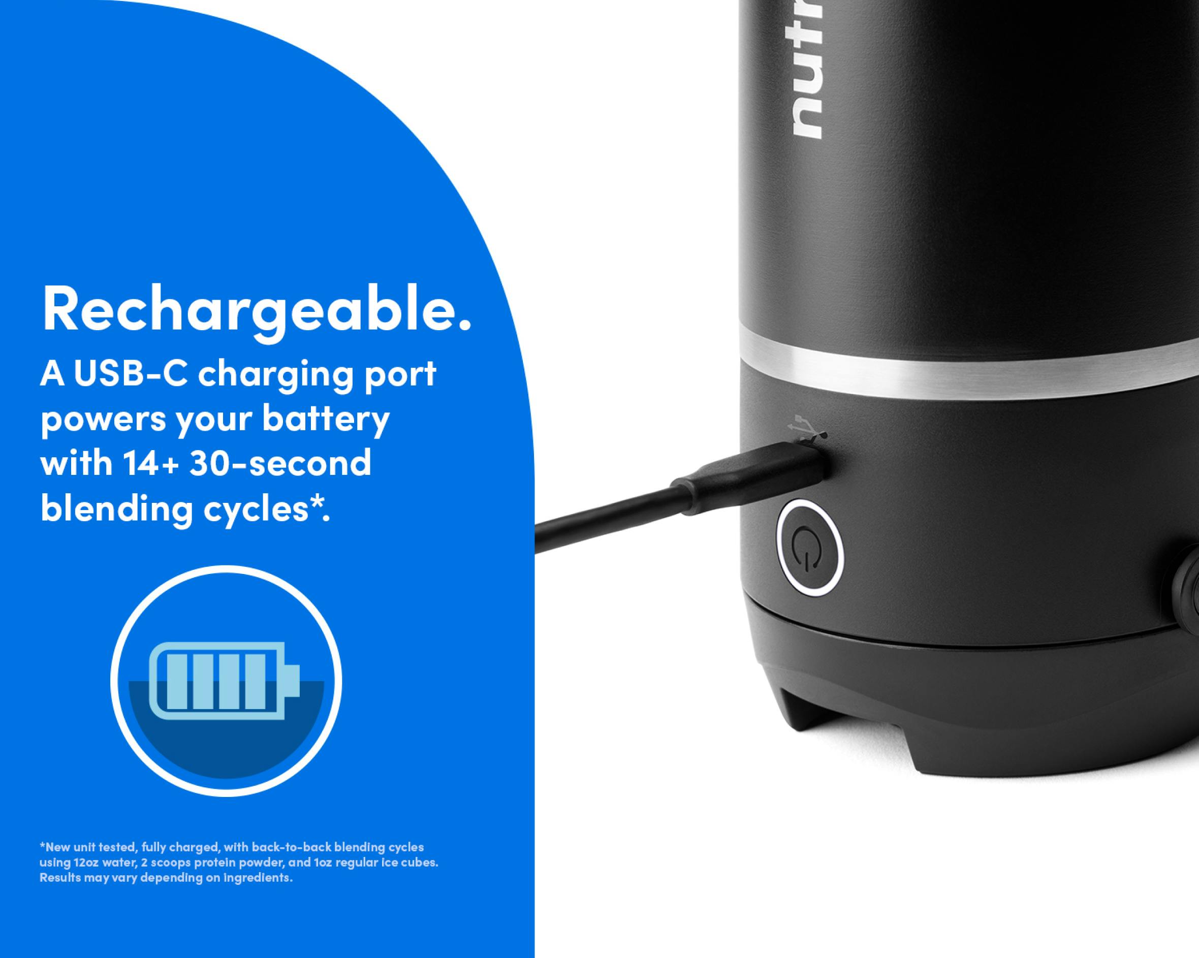 Zoomed-in image of the black nutribullet Flip tumbler with the charger inserted into the charging port just above the illuminated blending button. Rechargable. A USB-C charging port powers your battery with 14+ 30-second blending cycles.
