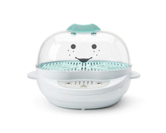 Empty white NutriBullet Baby Steamer with teal accents with smiley face