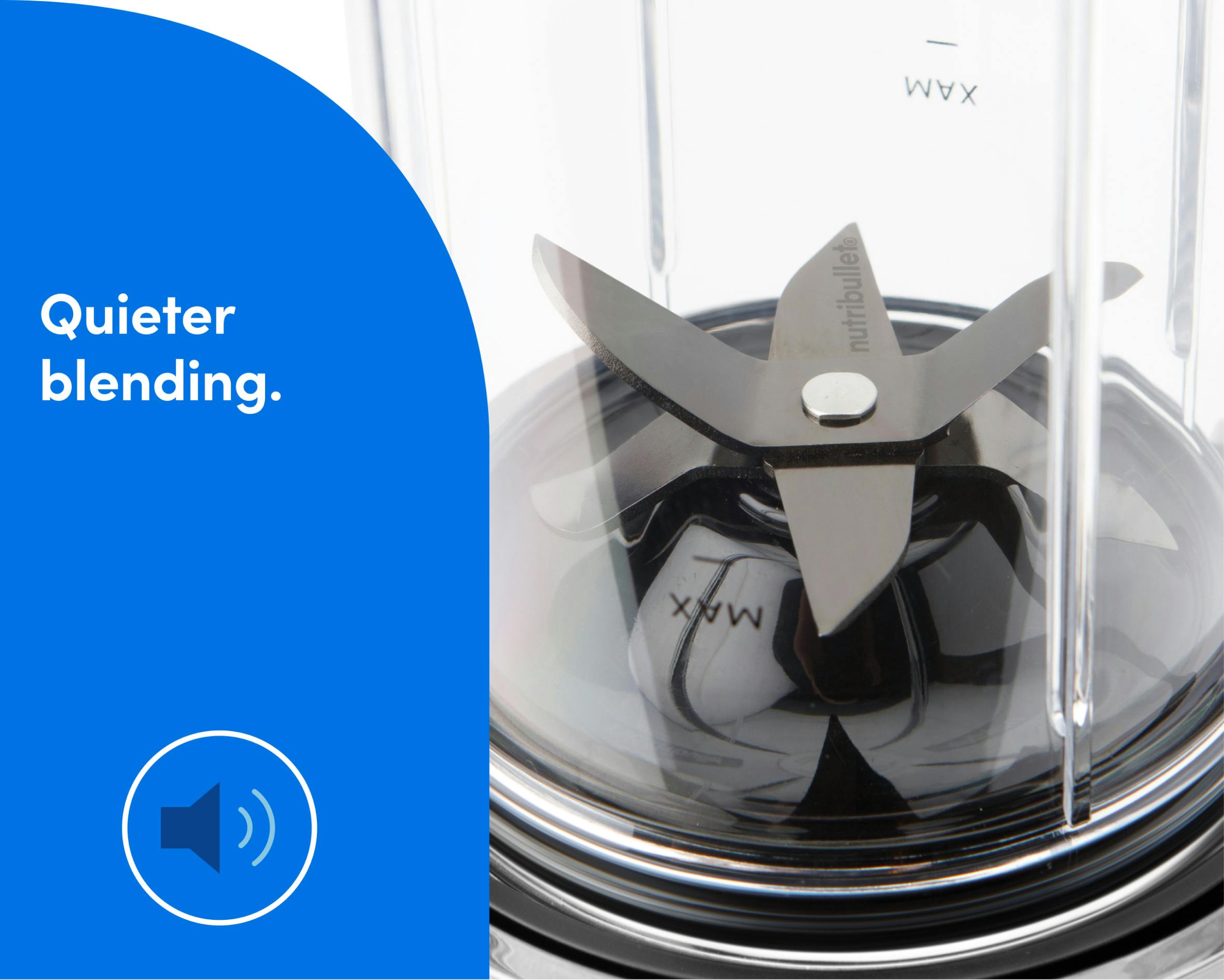 Close-up of blender base blades with text and speaker icon on a blue background as reference to quieter blending. Text on the image reads: Quieter blending.